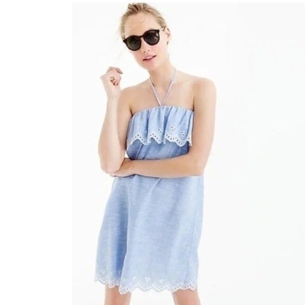 J. Crew Beach Chambray Eyelet ruffle Swim Cover‎ Dress - XS EUC